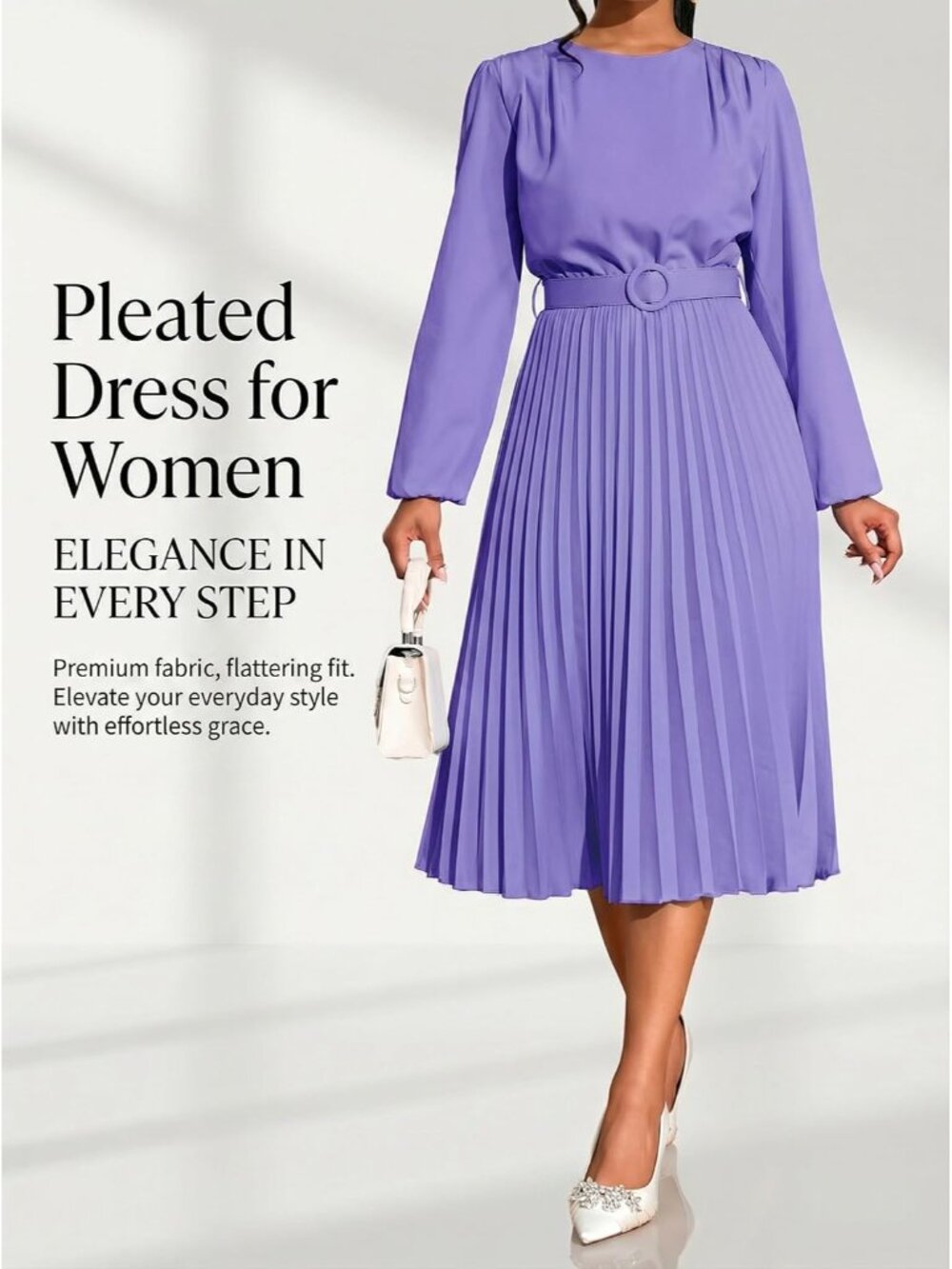 🆕Women's Purple Pleated Midi Dress Long Sleeve Semi Formal Dress Casual - Picture 5 of 6
